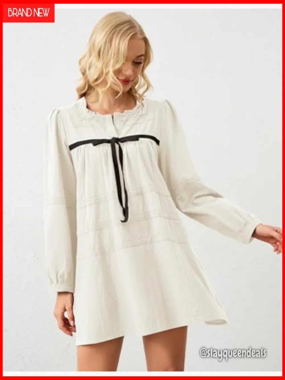 Flowy Long Puff Sleeve Mini Dress Square Neck Lace Babydoll A-line Tunic - Picture 2 of 7
